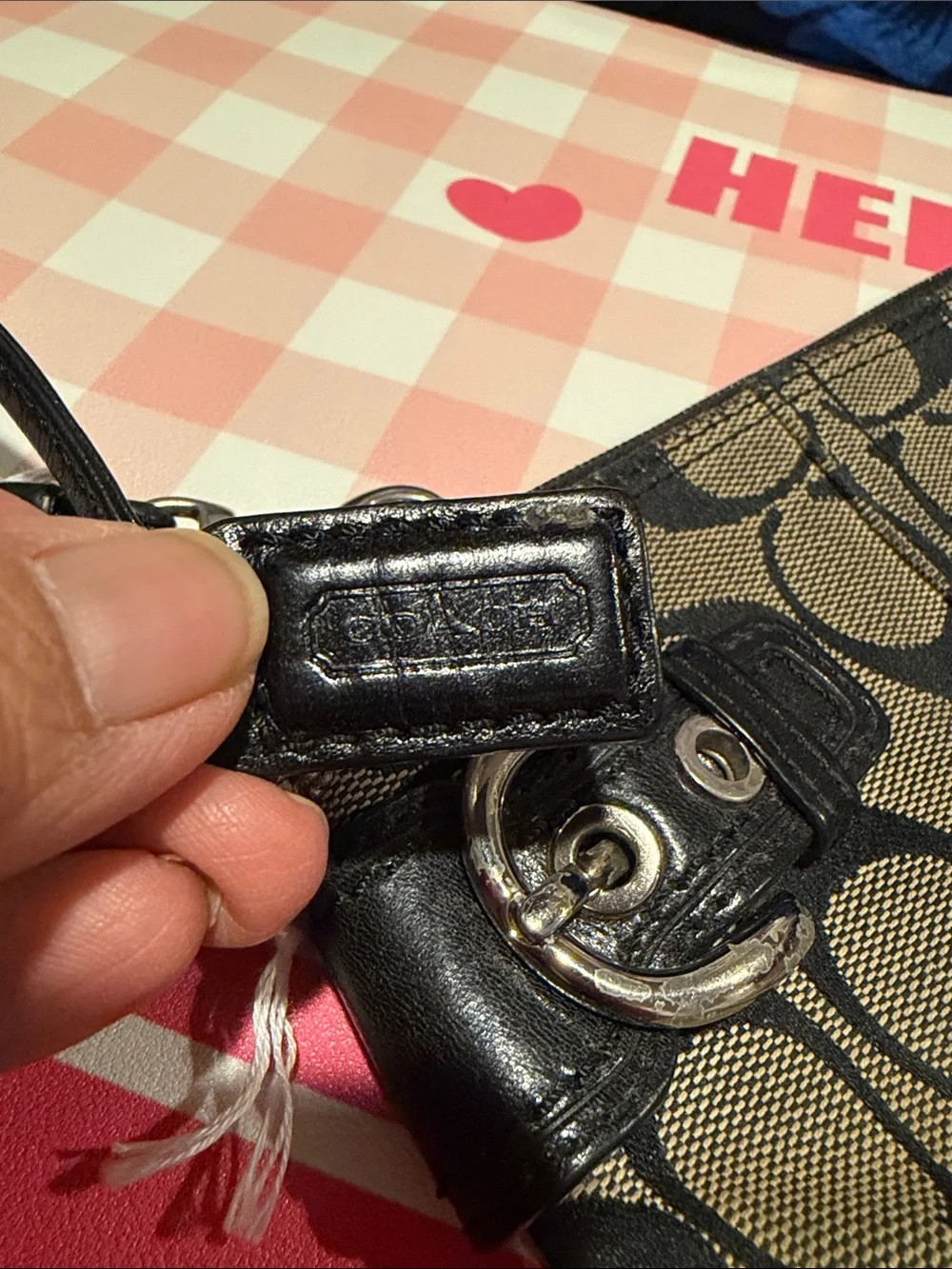 Coach Black & Tan Signature Canvas Wristlet with Buckle Accents